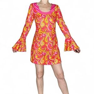 Dreamgirl Pink Orange Halloween Hippie 60’s Costume Mini Dress